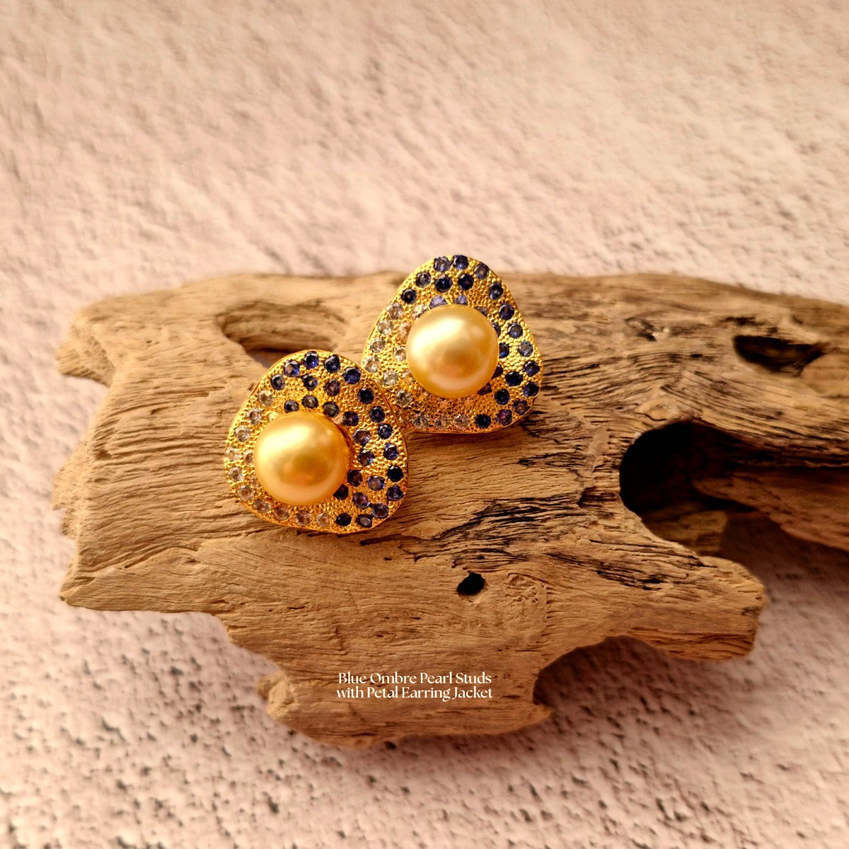 Blue Ombre Pearl Studs with Petal Earring Jackets