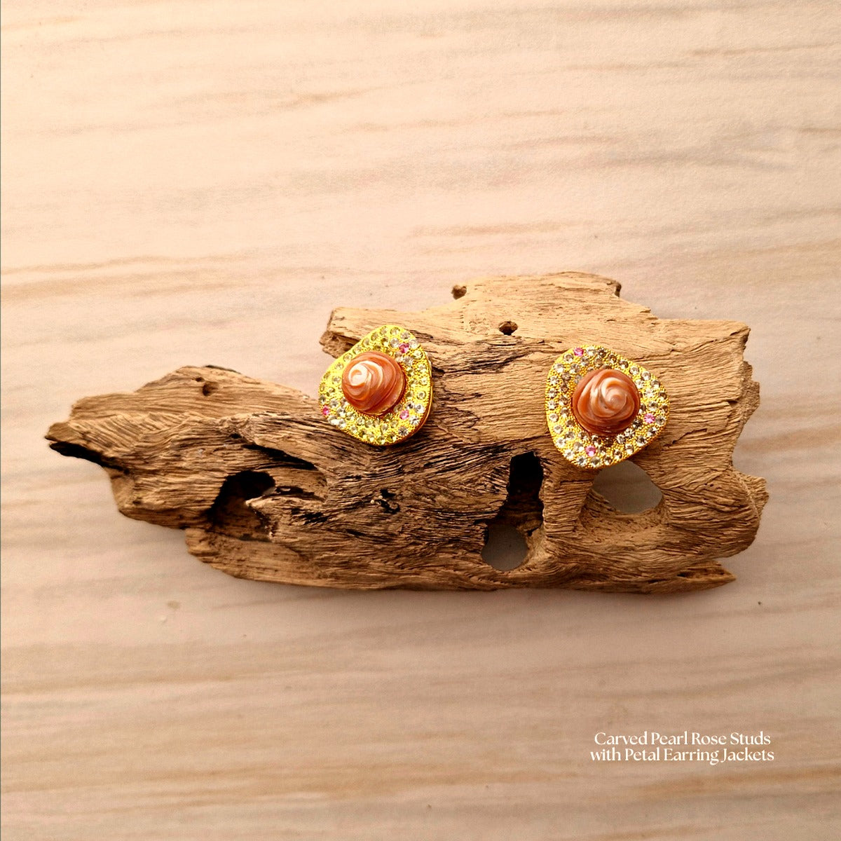 Carved Pearl Rose Studs with Petal Earring Jackets