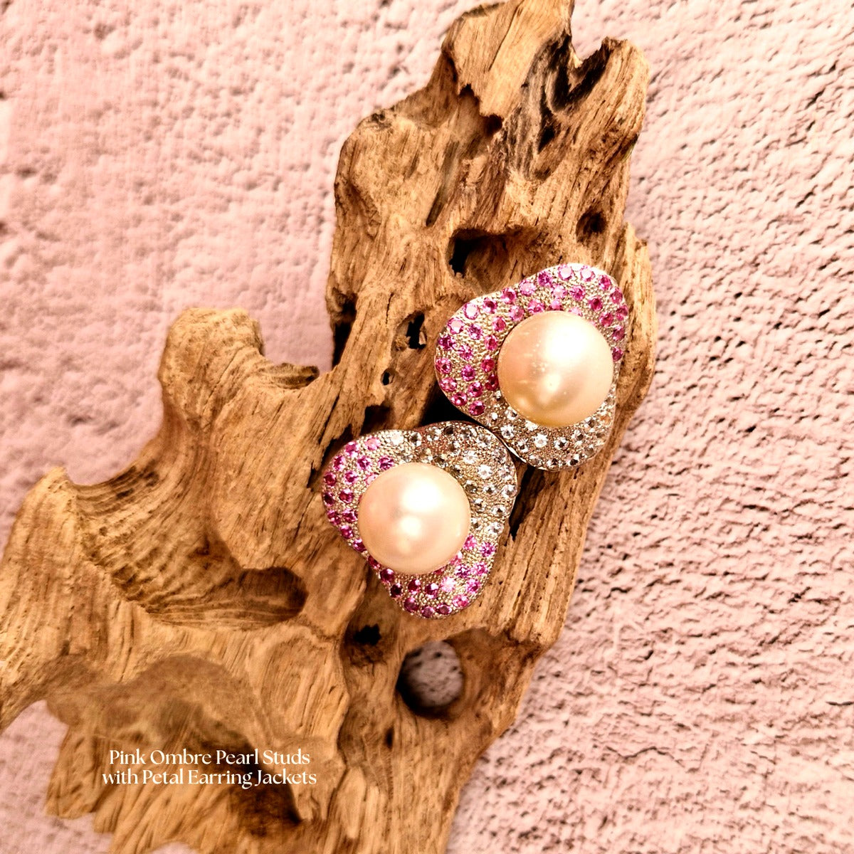 Pink Ombre Pearl Studs with Petal Earring Jackets