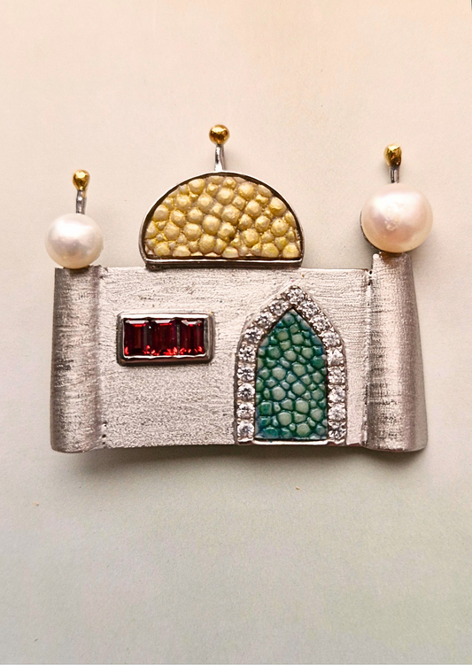 little mosque brooch pin in silver with gemstones and stingray leather