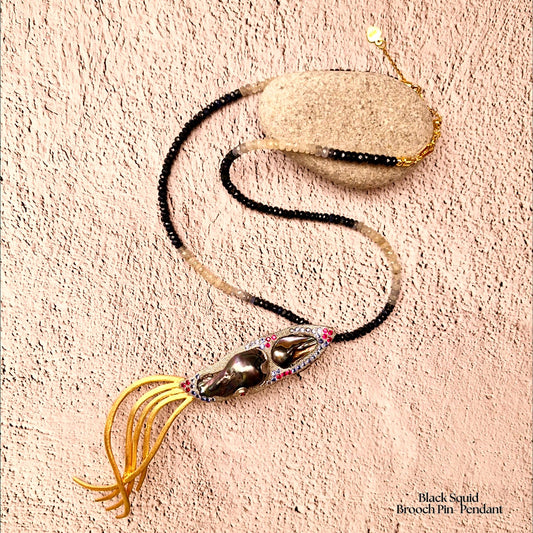Black Squid Brooch Pin-Necklace