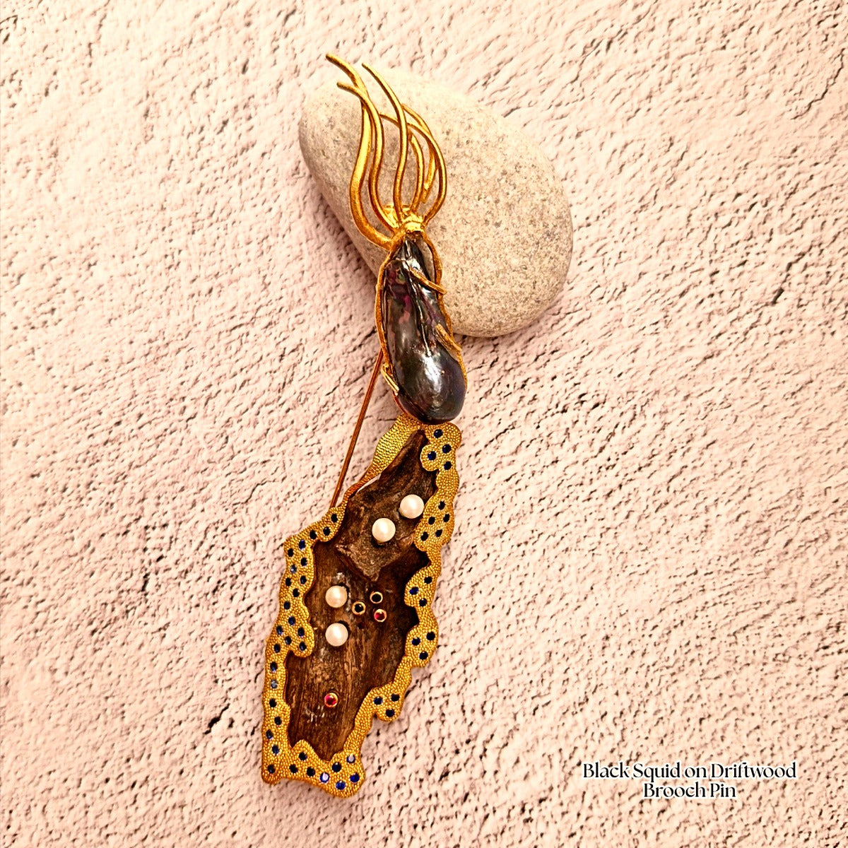 Black Squid on Driftwood Brooch Pin