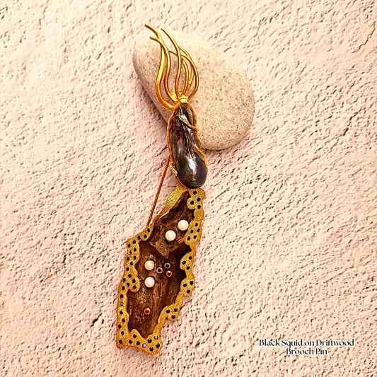 Black Squid on Driftwood Brooch Pin