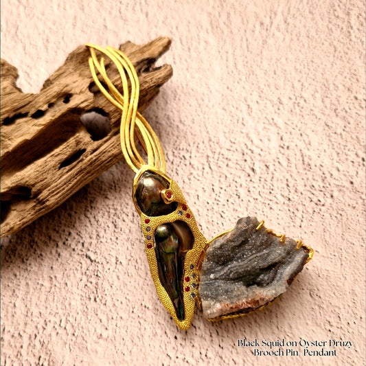 Black Squid on Oyster Druzy Brooch Pin-Pendant