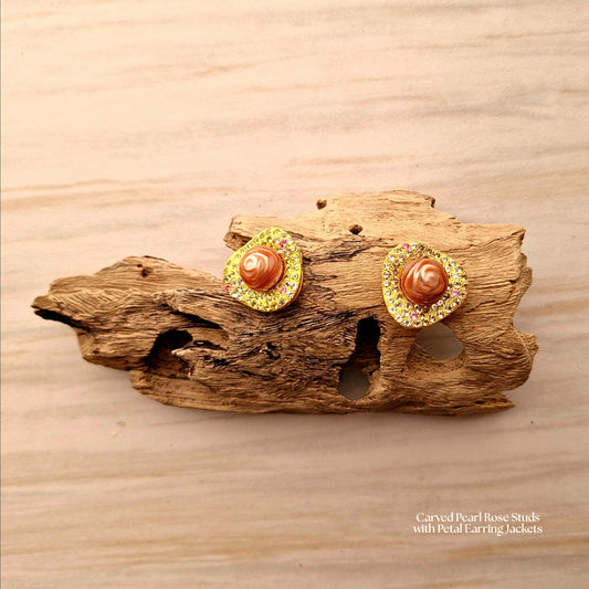 Carved Pearl Rose Studs with Petal Earring Jackets