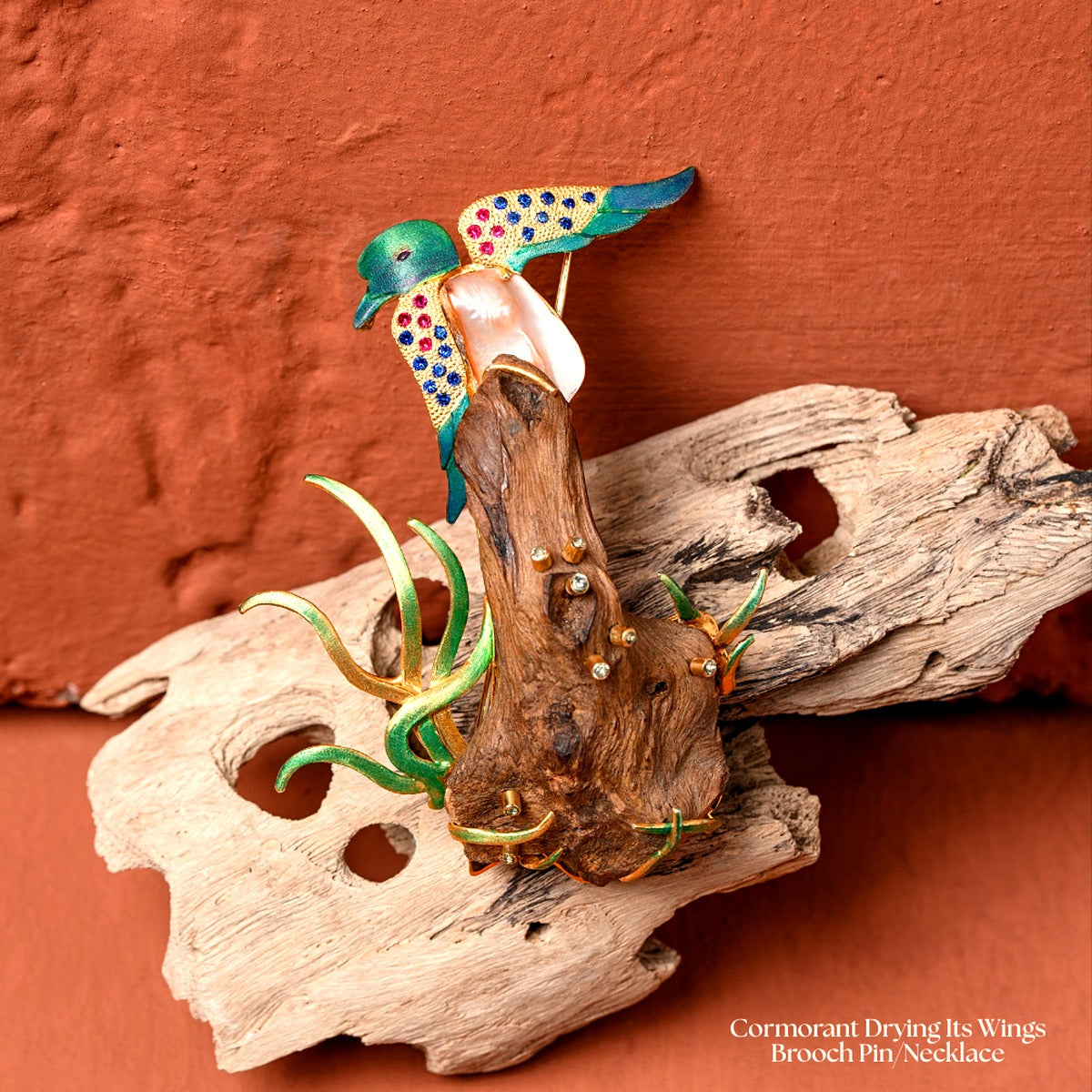 Cormorant Drying Its Wings Brooch Pin-Pendant